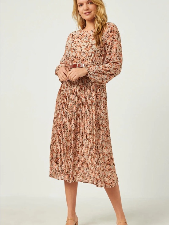 Hayden Dresses & Skirts - Hayden Floral Pleated Midi Dress - Pink Tan
